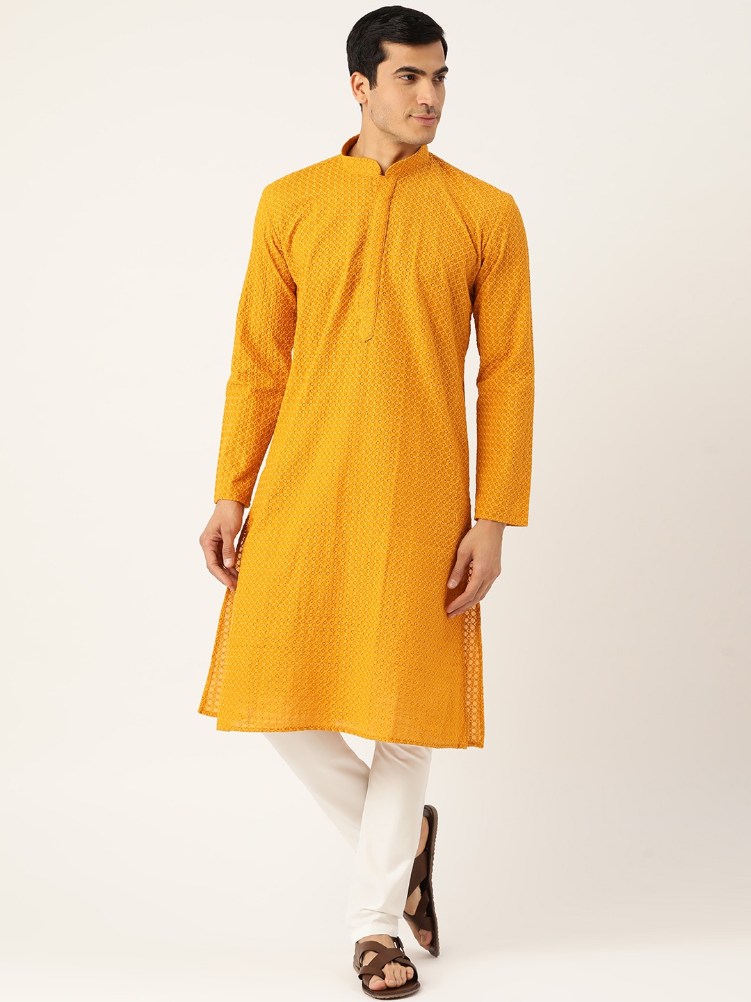 

RAJUBHAI HARGOVINDAS Men Yellow & White Chikankari Embroidered Kurta with Churidar