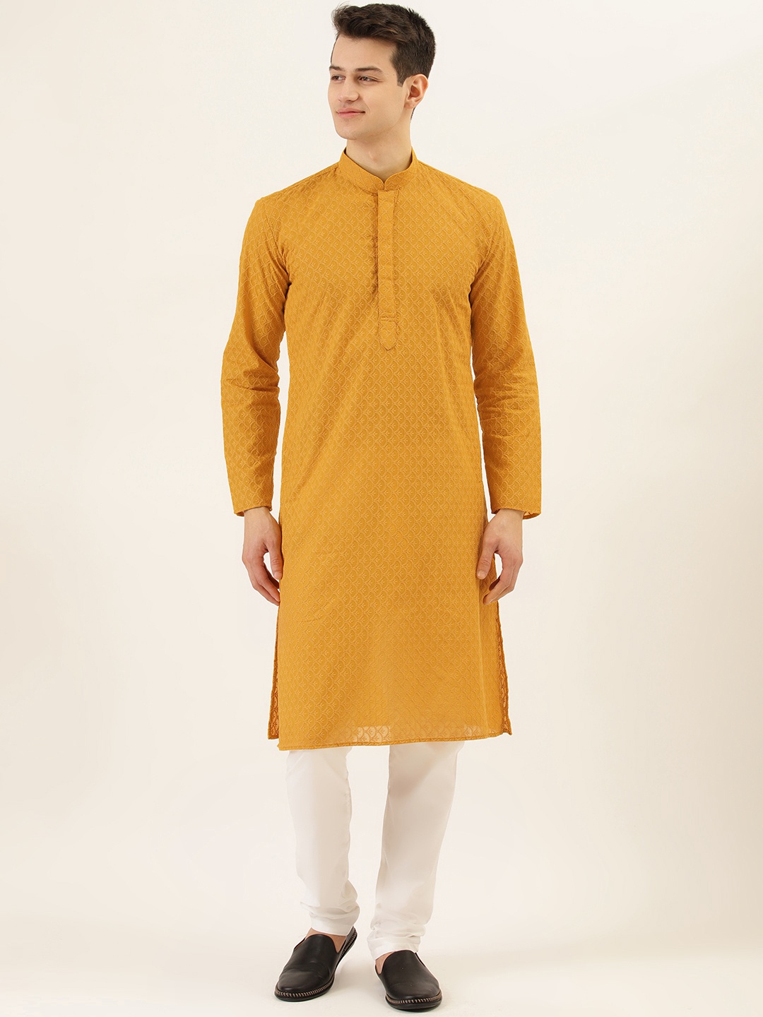 

RAJUBHAI HARGOVINDAS Men Mustard Yellow & White Chikankari Embroidered Kurta with Churidar