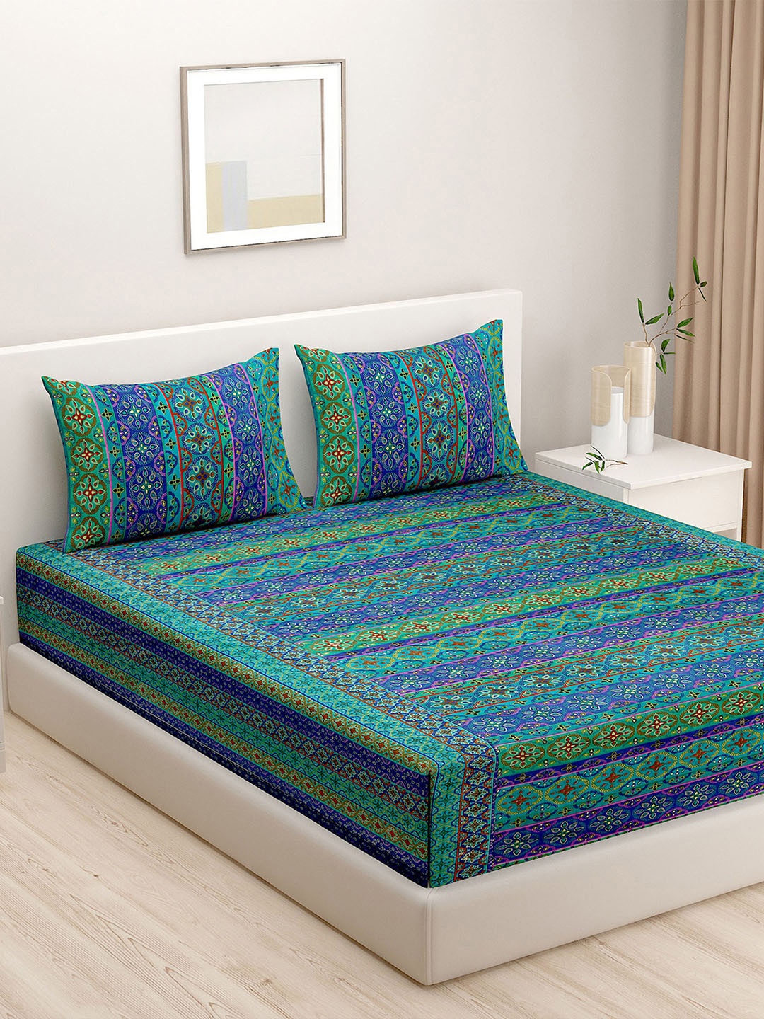 

SWAYAM Green & Blue 200 TC Cotton Double Bedsheet Set