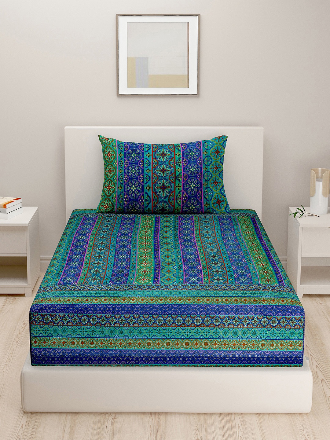 

Swayam Blue SOP Rustic Pure Cotton Single Bedsheet Set - 200TC, Green