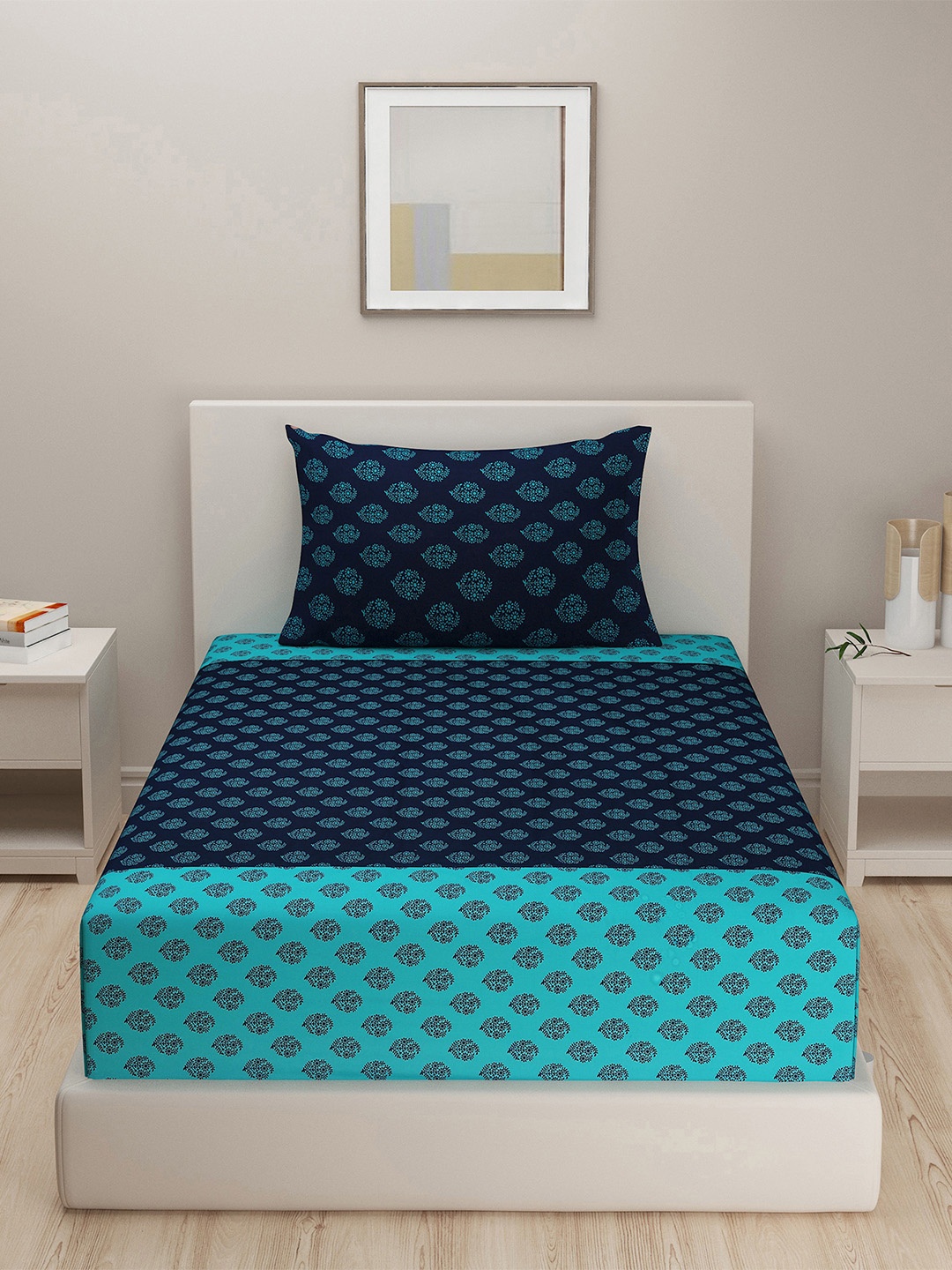 

SWAYAM Blue & Green Ethnic Motif Shades Of Paradise 200 TC Cotton Single Bedsheet Set, Navy blue