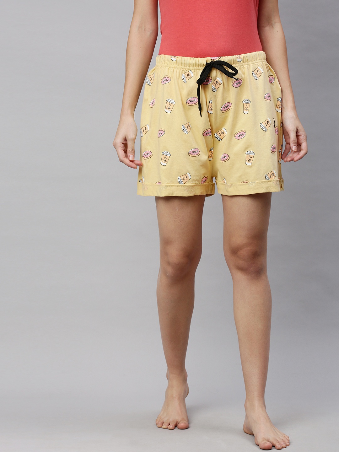 

QUARANTINE Women Yellow & Pink Pure Cotton Donut Print Lounge Shorts