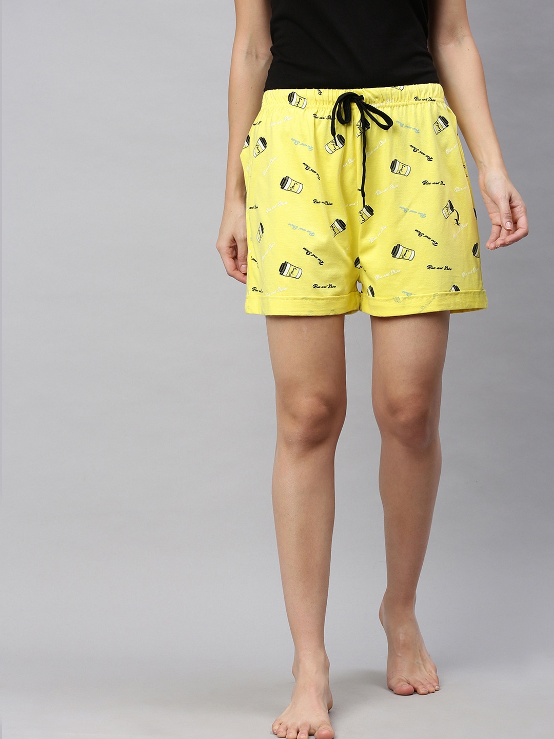 

QUARANTINE Women Yellow & Black Travel Coffee Mug Print Cotton Lounge Shorts