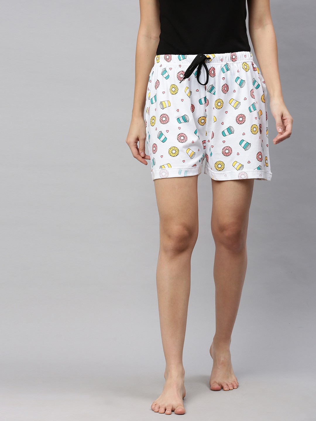 

QUARANTINE Women White Pure Cotton Donut Print Lounge Shorts