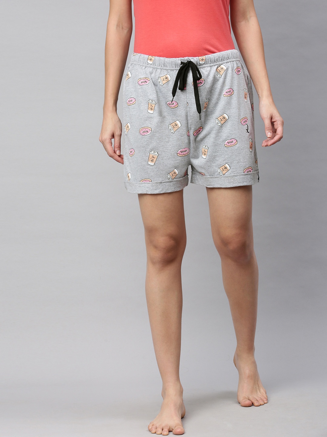 

QUARANTINE Women Grey Pure Cotton Donut Print Lounge Shorts