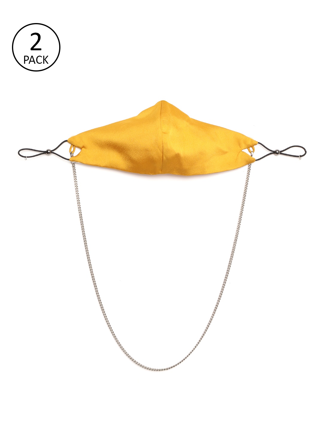 

SASSAFRAS Women Pack Of 2 Mustard Solid Satin Finish Reusable 3 Ply Cloth Masks with Chain
