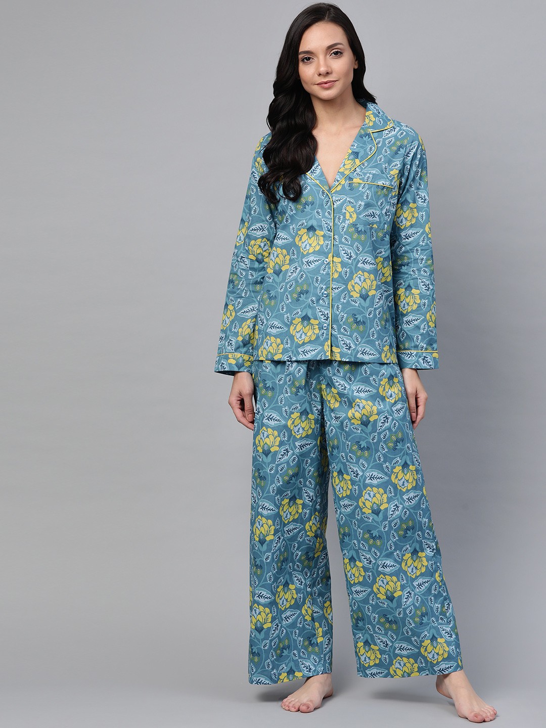 

SASSAFRAS Women Teal Blue & Yellow Pure Cotton Floral Printed Night Suit