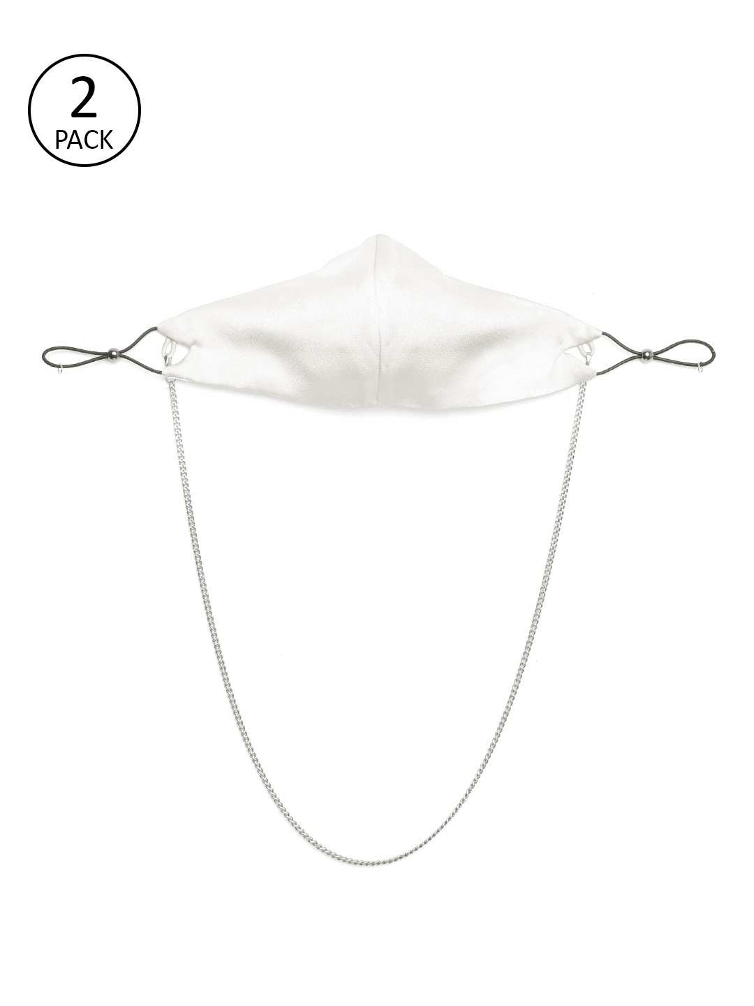 

SASSAFRAS Women Pack Of 2 Off-White Solid Satin Reusable 3 Ply Cloth Masks with Chain