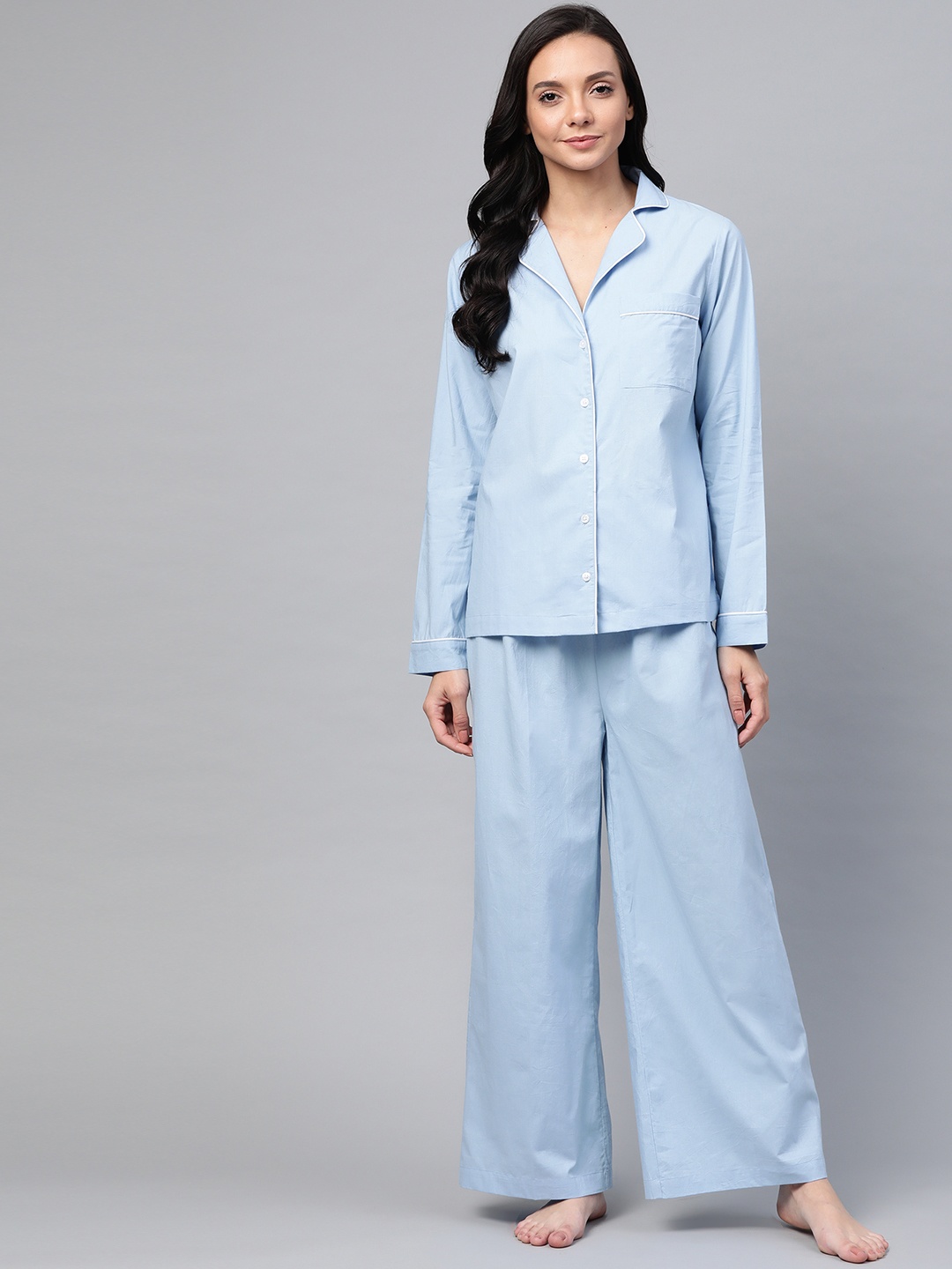 

SASSAFRAS Women Blue Pure Cotton Solid Night Suit