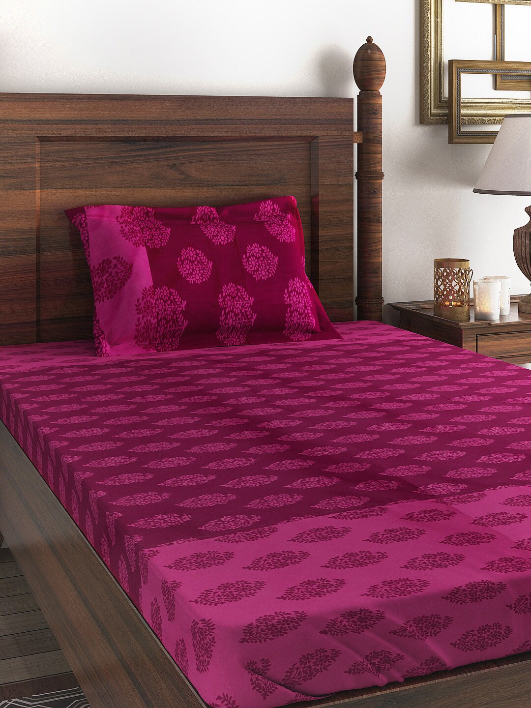 

SWAYAM Pink Ethnic Motif Shades Of Paradise 200 TC Cotton Single Bedsheet & 1 Pillow Cover, Magenta