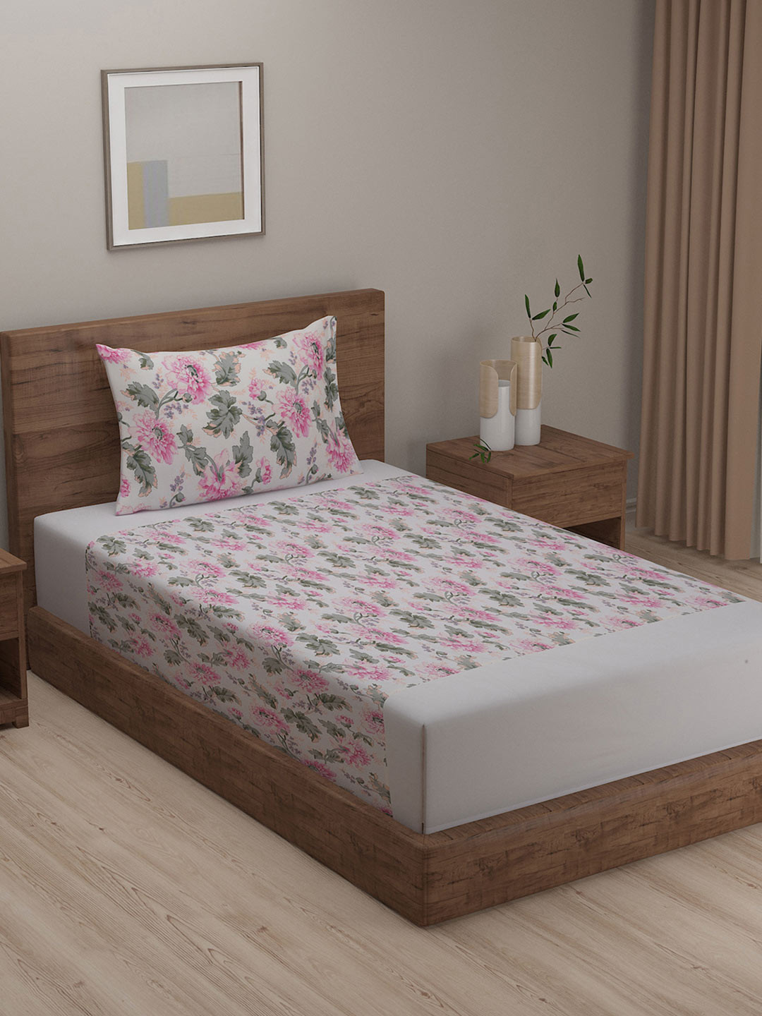 

SWAYAM Off-White & Pink 180 TC Cotton Single Bedsheet with 1 Pillow Cover