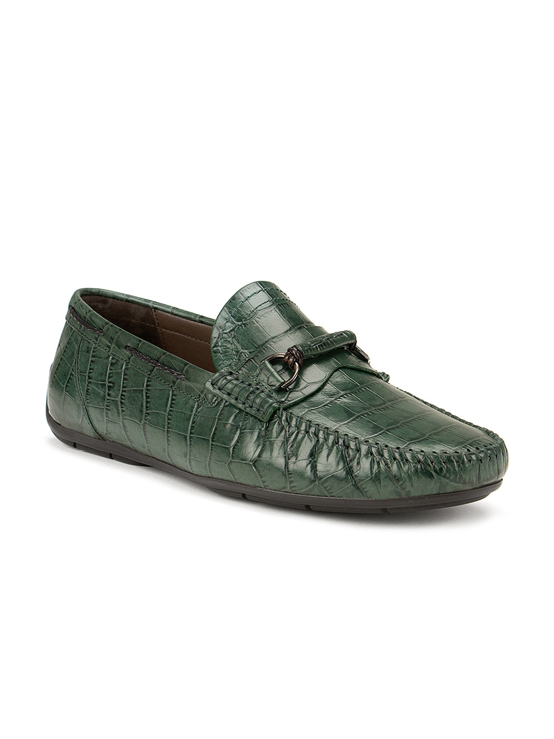 

ROSSO BRUNELLO Men Olive Green Textured Leather Driving Shoes
