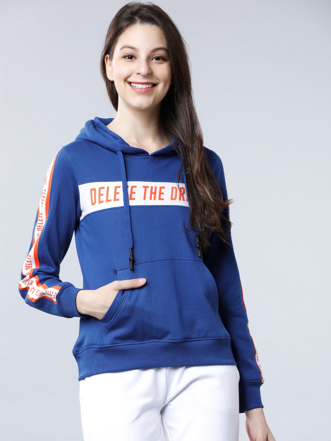 

Tokyo Talkies Women Blue Printed Hooded Sweatshirt