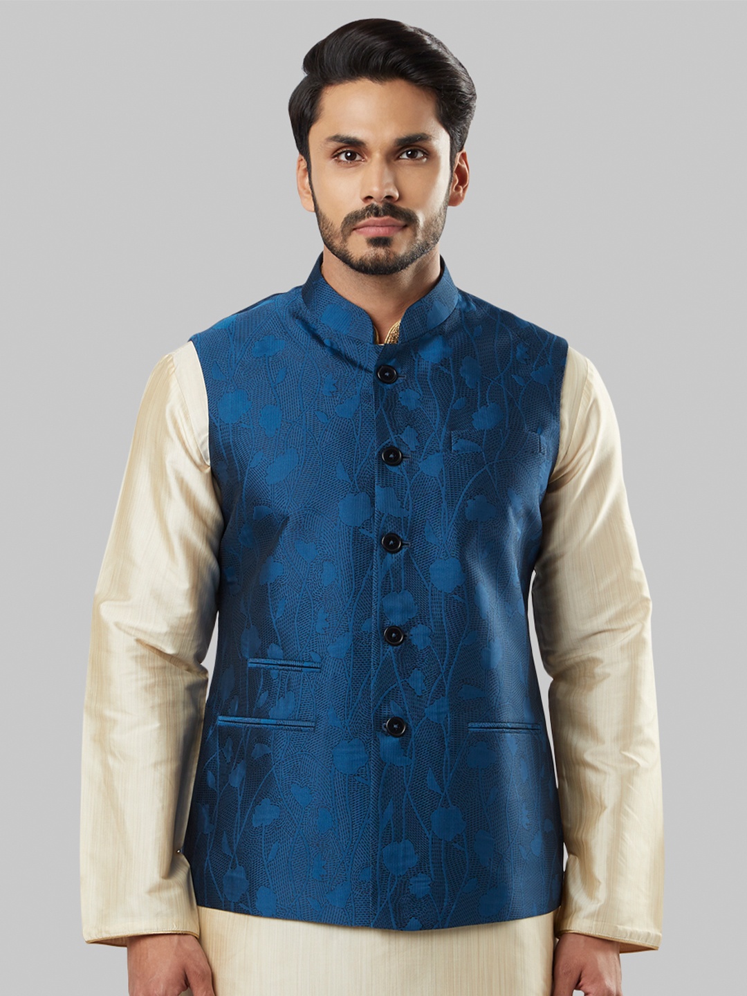 

Ethnix by Raymond Men Blue Woven-Design Nehru Jacket