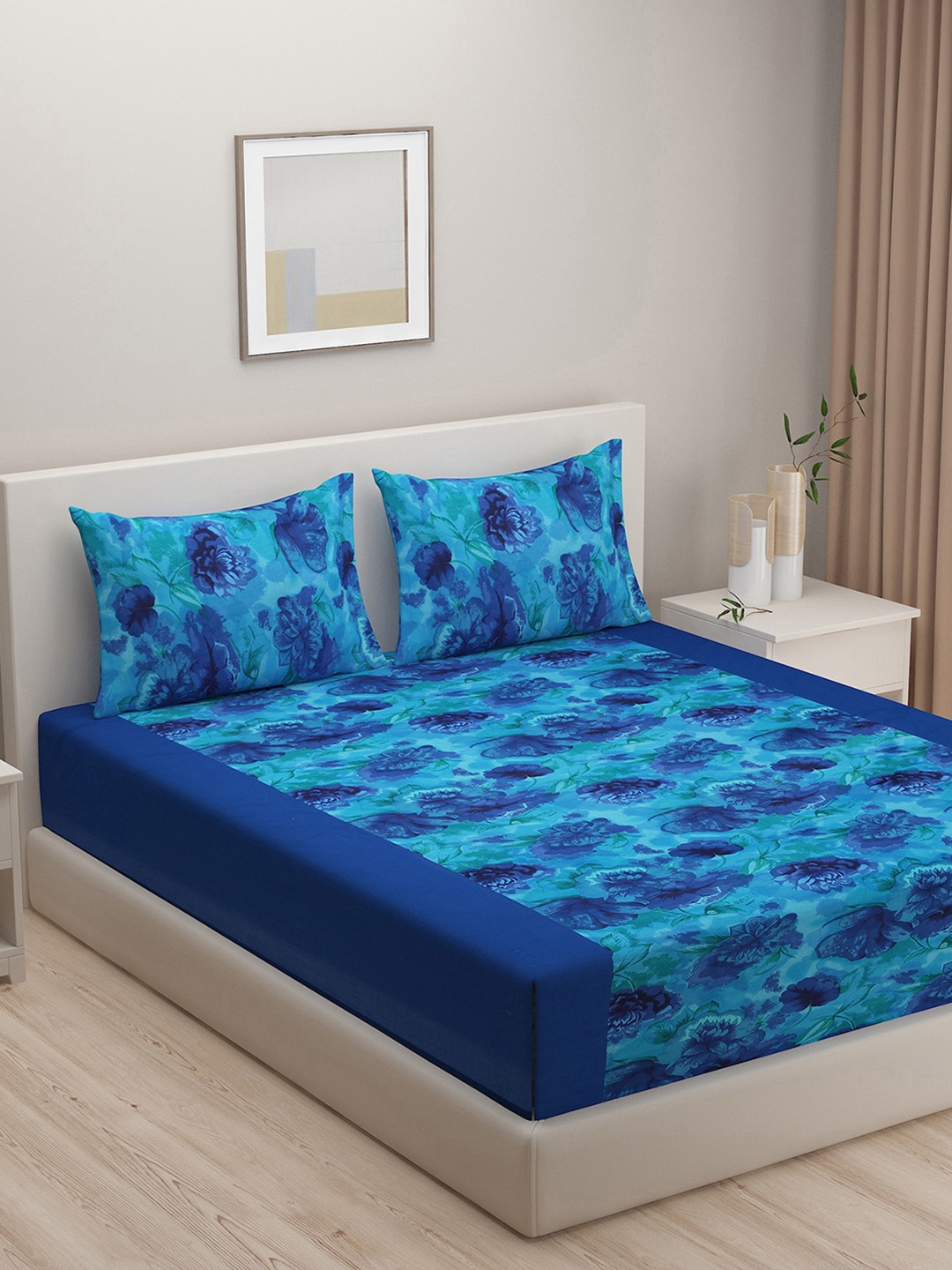 

SWAYAM Blue Floral Print Shades Of Paradise 200 TC Cotton Double Bedsheet Set