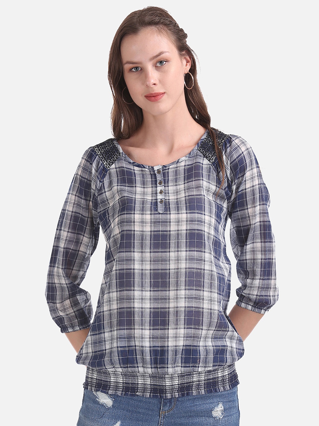 

Cherokee Women Navy Blue & Off-White Checked Blouson Top