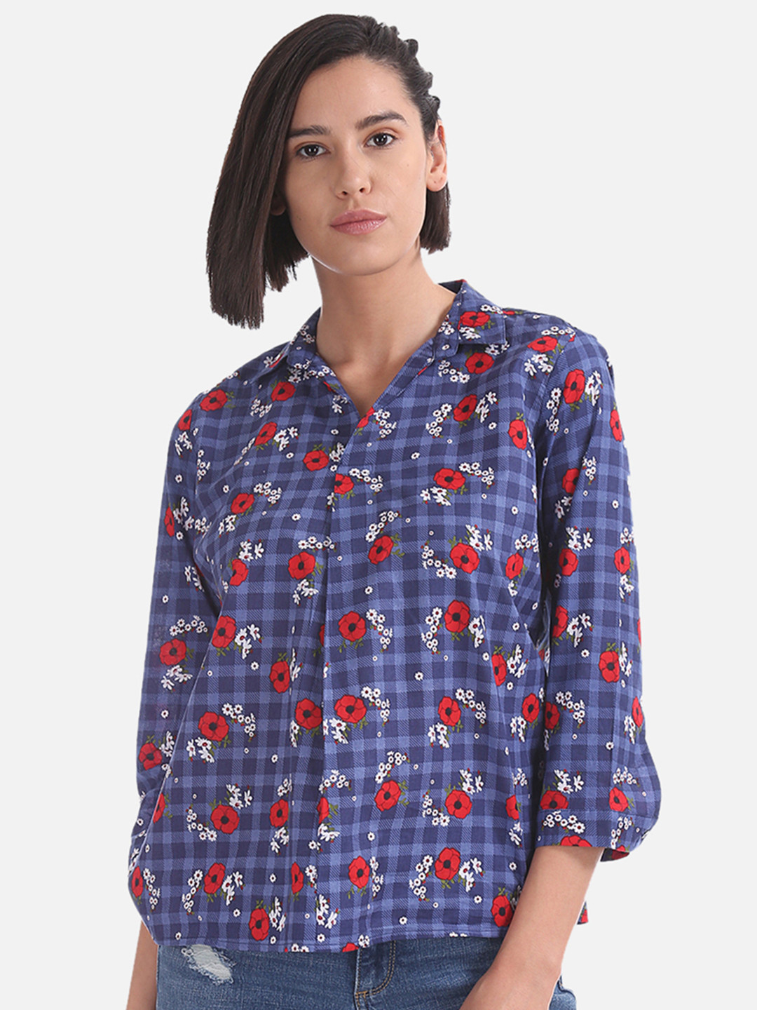 

Cherokee Women Blue Checked Shirt Style Top