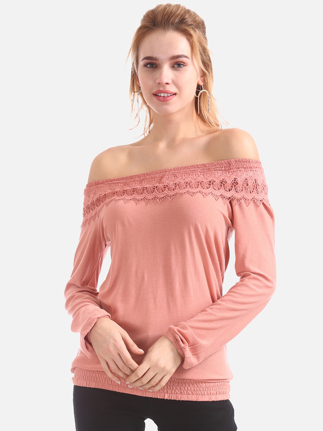 

Cherokee Women Pink Solid Bardot Top