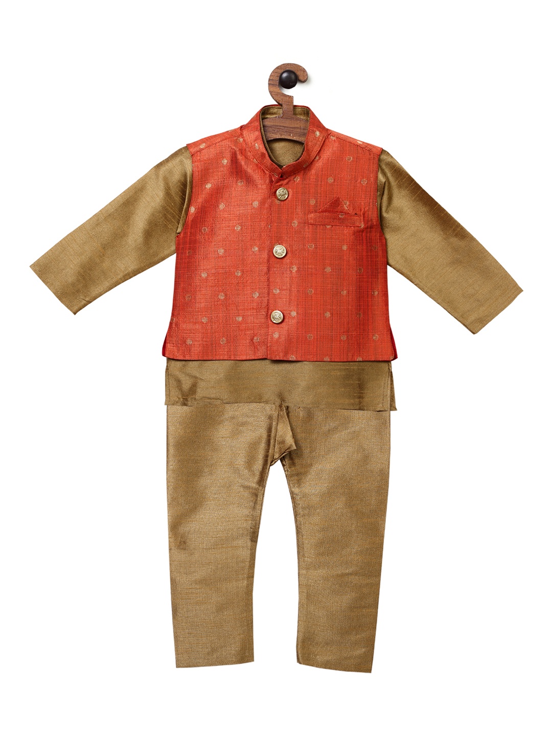 

Ridokidz Boys Gold-Toned Solid Kurta with Pyjamas and Jacket