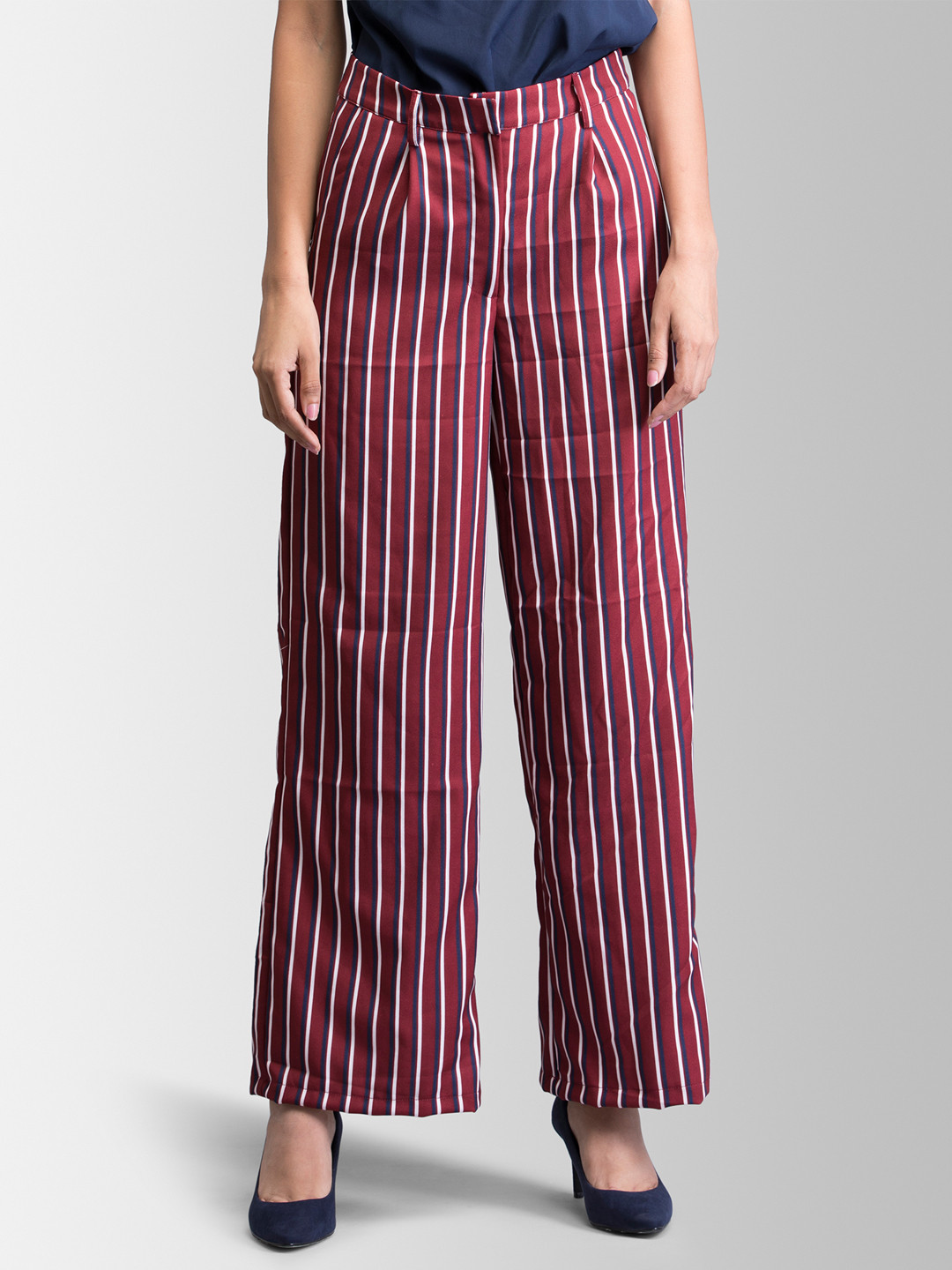 

FableStreet Women Maroon Straight Fit Striped Regular Trousers