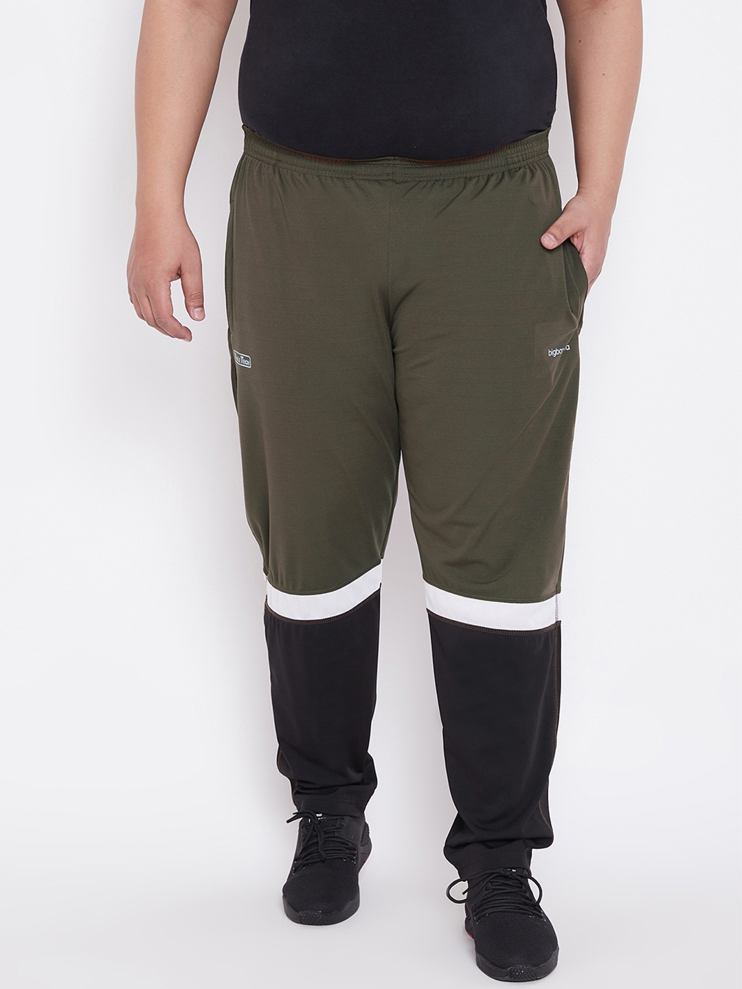 

bigbanana Men Olive Green & Black Colourblocked Straight Fit Track Pants