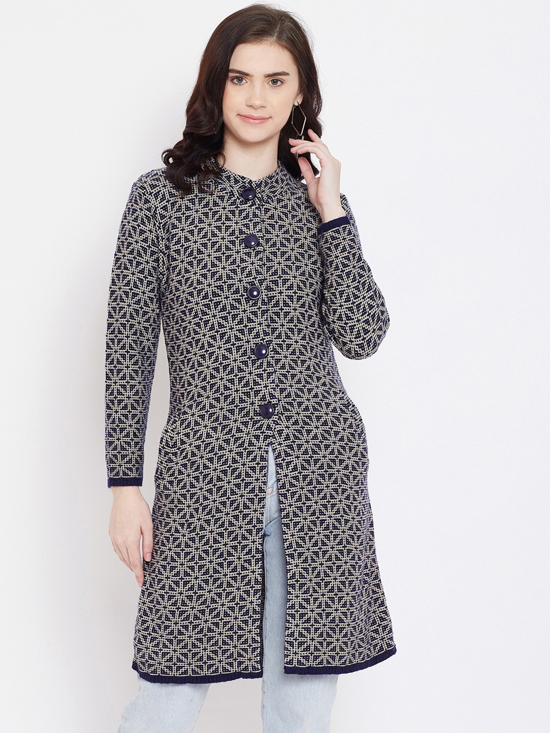 

Zigo Women Navy Blue Self Design Cardigan Sweater