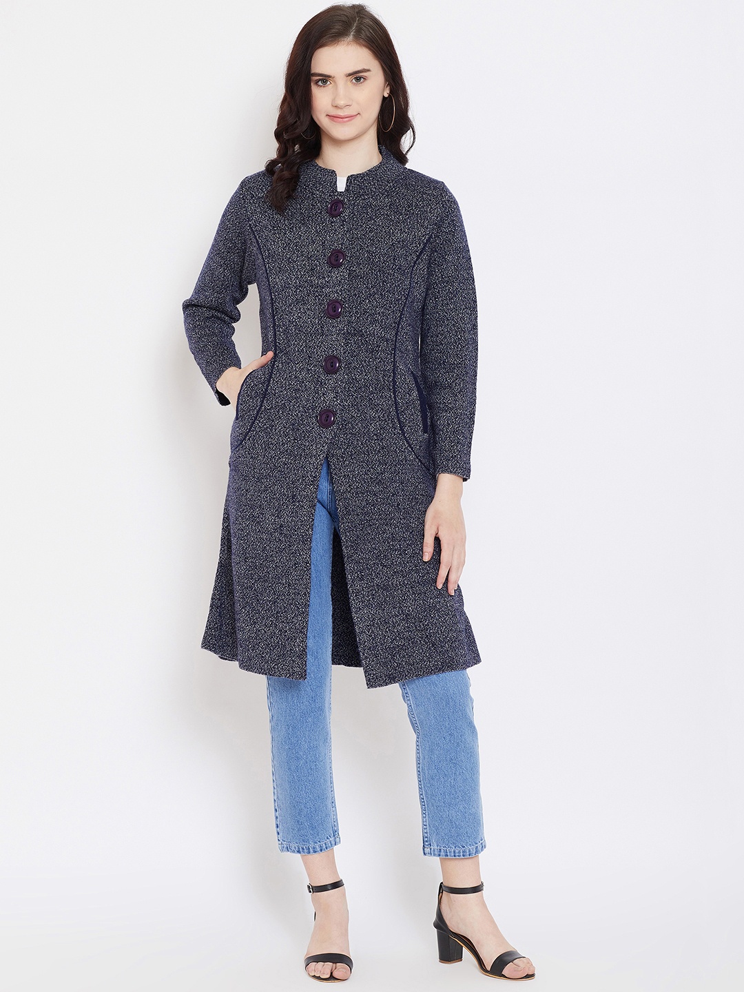 

Zigo Women Navy Blue Self Design Longline Cardigan