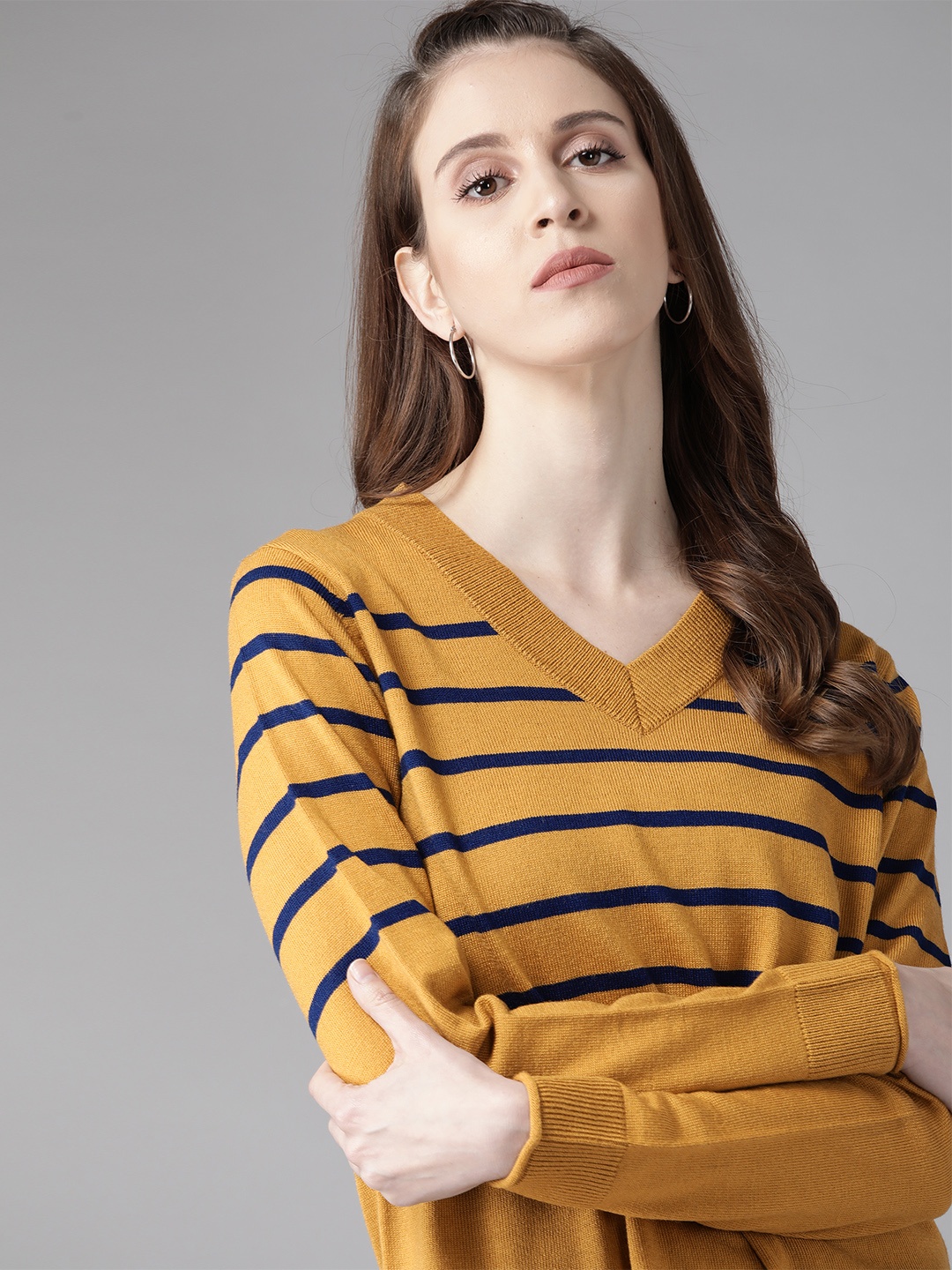 

The Roadster Lifestyle Co Women Mustard Yellow & Navy Blue Striped Pullover Sweater