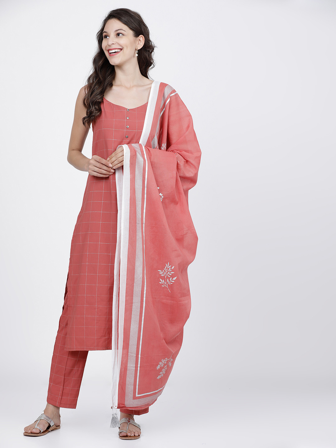 

Vishudh Women Pink Solid Kurta with Trousers & Dupatta