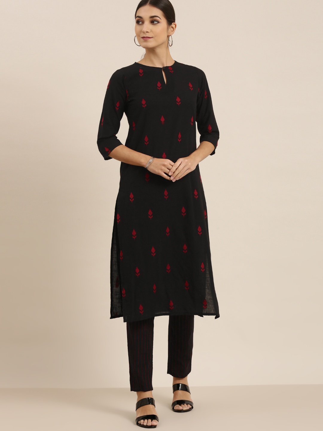 

Vishudh Women Black & Red Embroidered Kurta with Trousers