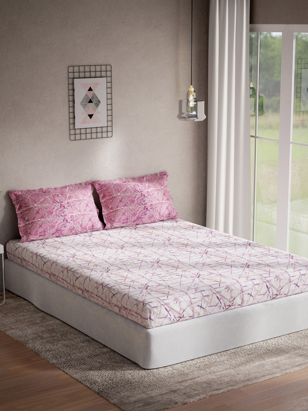 

DDecor Pink & White Abstract 140 TC Cotton 1 King Bedsheet with 2 Pillow Covers
