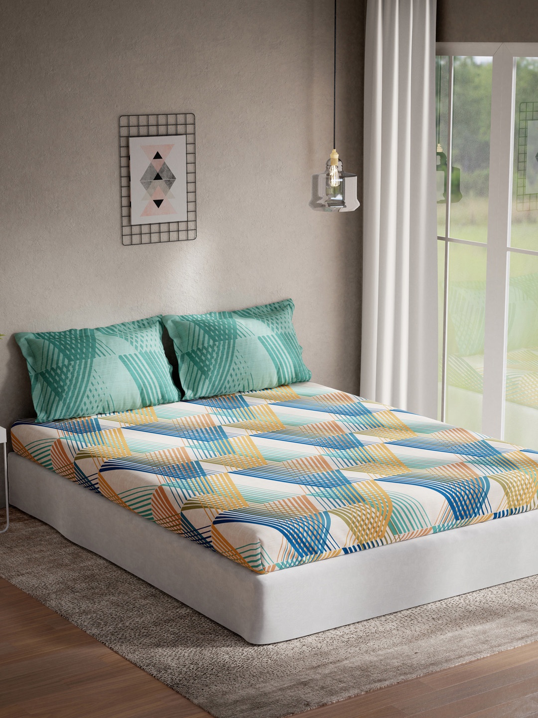

DDecor Sea Green & Beige Printed 140 TC King Bedsheet with Pillow Covers
