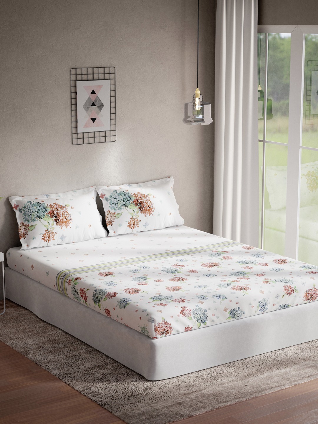 

DDecor White & Brown Floral Print 140 TC King Bedsheet With Two Pillow Covers