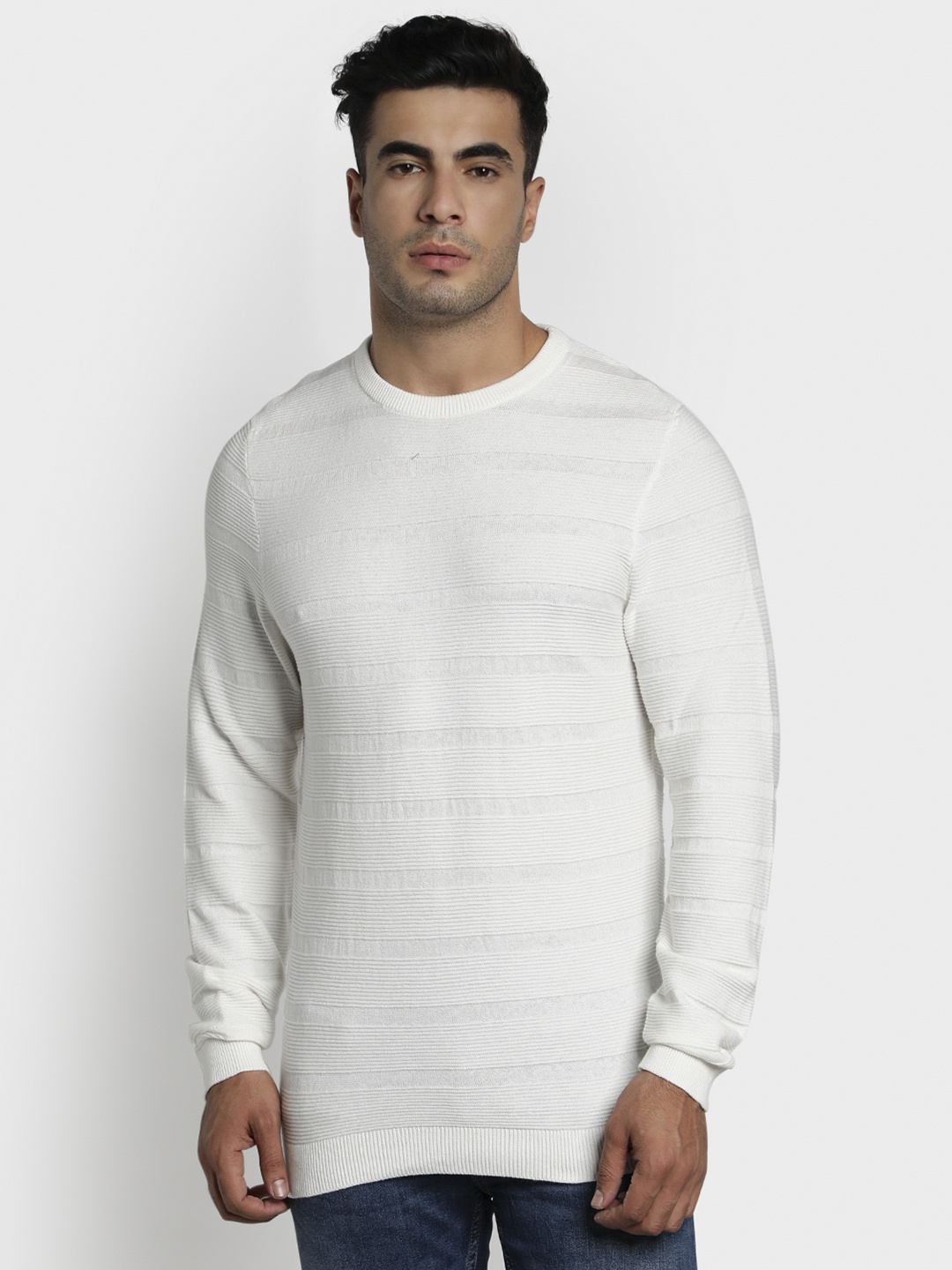 

Red Tape Men Off-White Striped Pullover Sweater