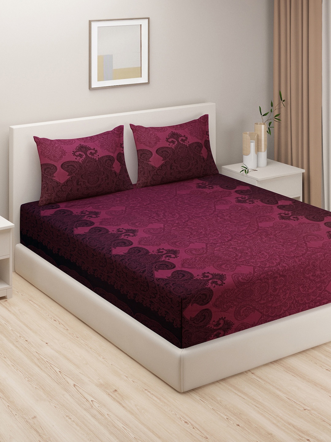 

SWAYAM Pink Zinnia Ethnic Motif Mercerized Cotton 250 TC Double Bedsheet Set, Burgundy