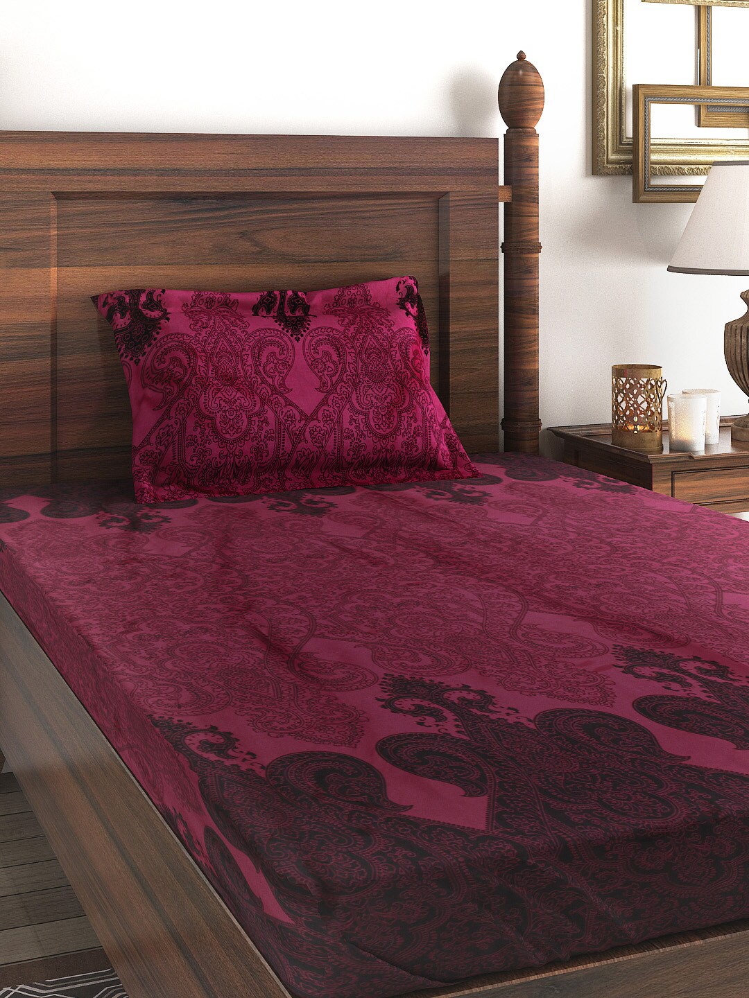 

SWAYAM Pink Zinnia Ethnic Motif Mercerized Cotton 250 TC Single Bedsheet & 1 Pillow Cover, Burgundy