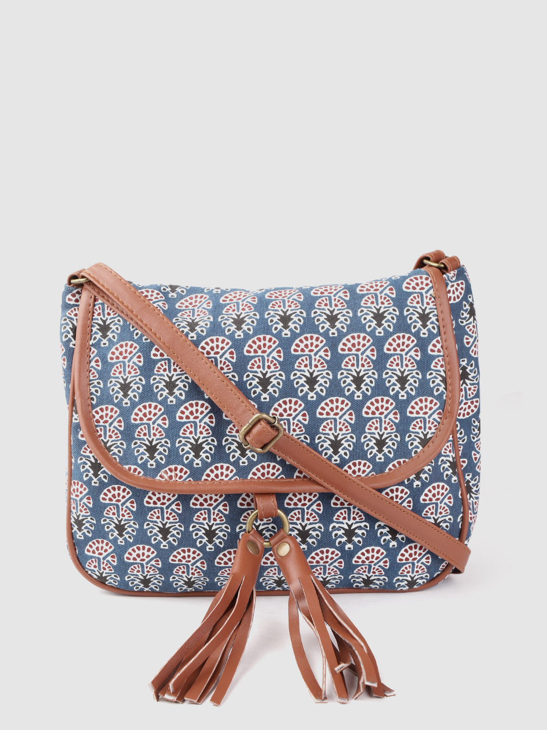 

Anouk Women Navy Blue & White Ethnic Motifs Print Sling Bag with Tasselled Detail