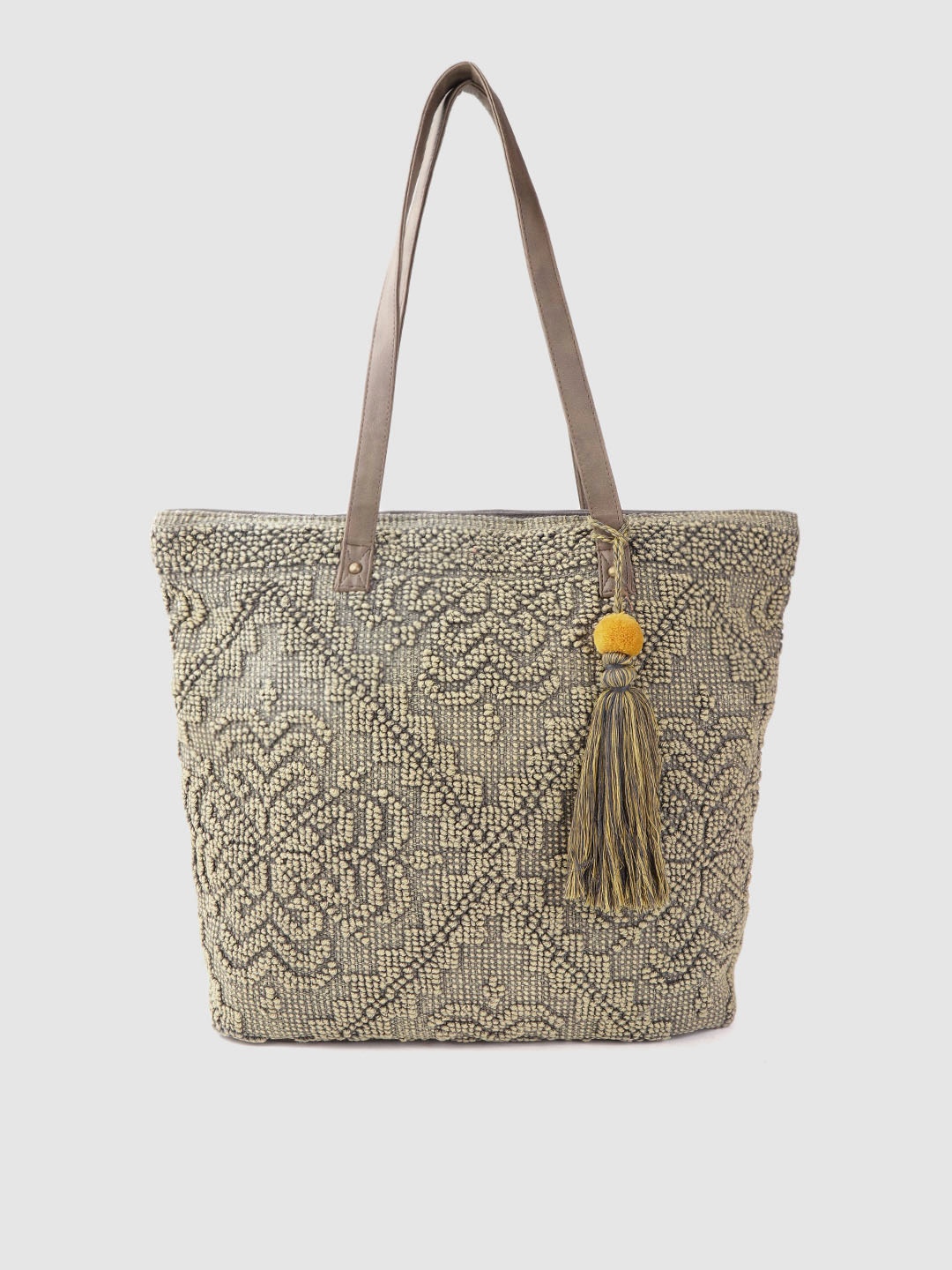 

Anouk Women Beige & Grey Woven Design Shoulder Bag with Tasselled Detail