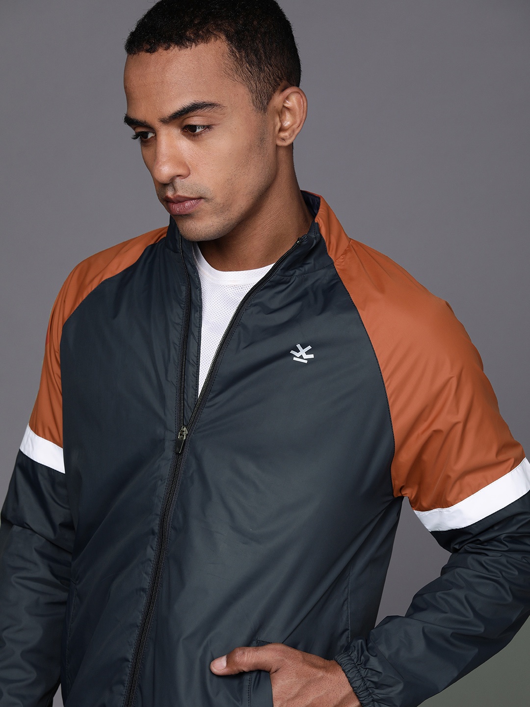 

WROGN ACTIVE Men Navy Blue Colourblocked Mock-Collar Bomber Jacket
