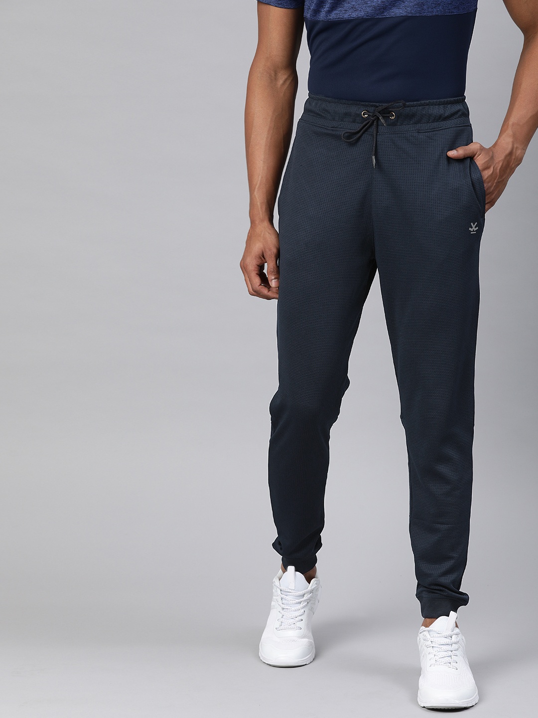 WROGN ACTIVE Men Navy Blue Self Design Straight Fit Joggers