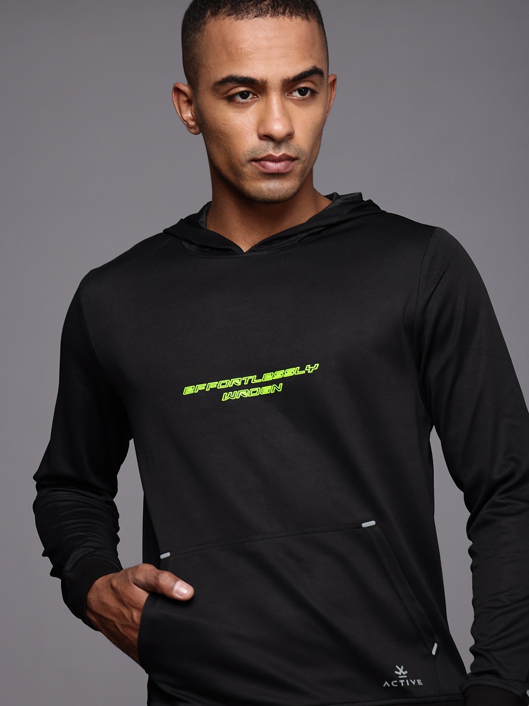

WROGN ACTIVE Men Black Typographical Printed Hooded Sweatshirt