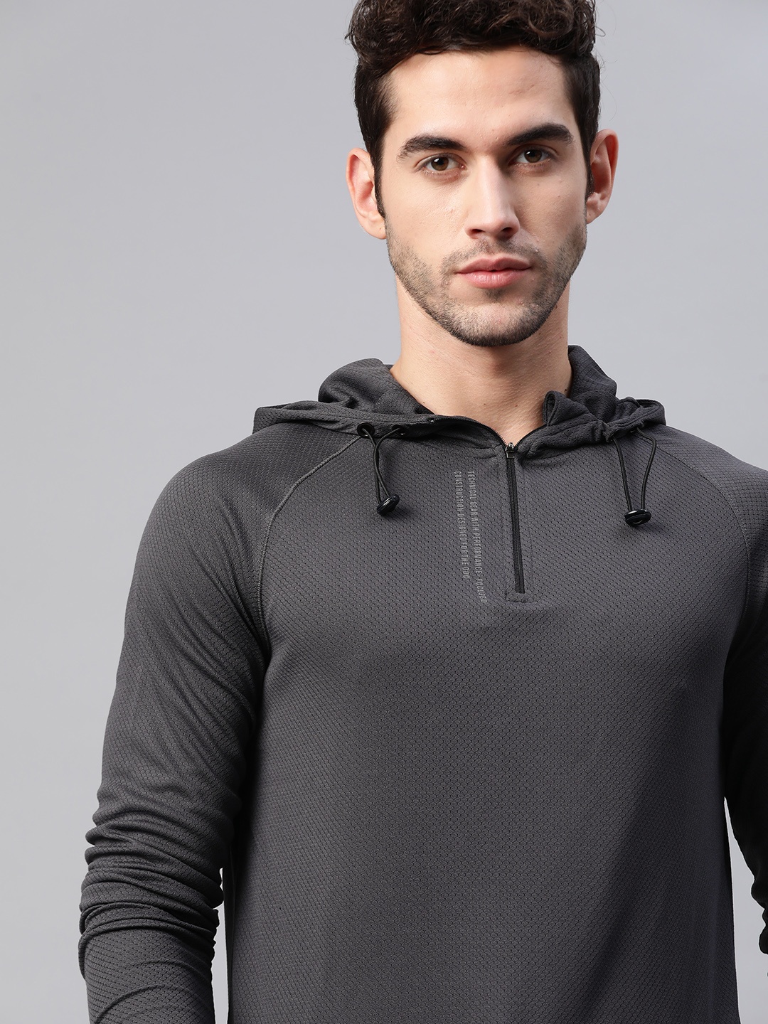 

WROGN ACTIVE Men Charcoal Grey Self Design Hooded T-shirt