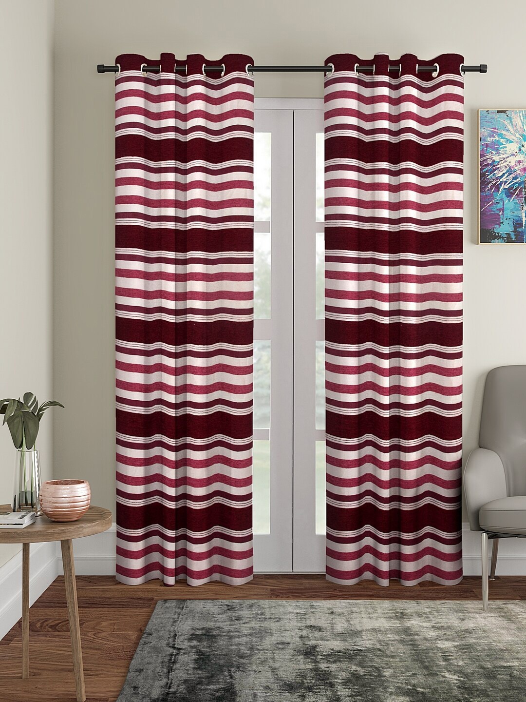 

Cortina Beige & Maroon Set of 2 Striped Long Door Curtains