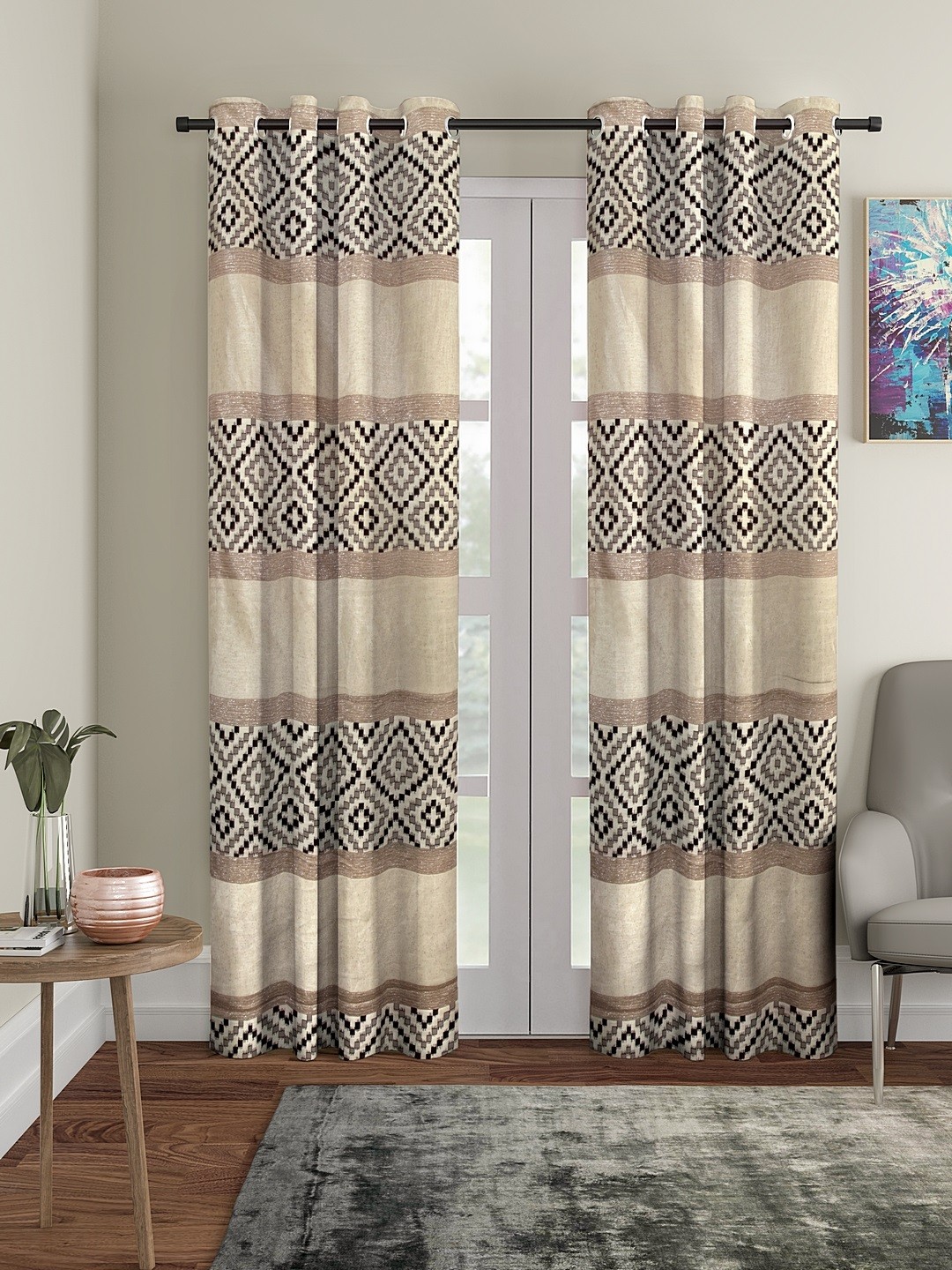 

Cortina Set Of 2 Beige & Brown Geometric Print Long Door Curtains