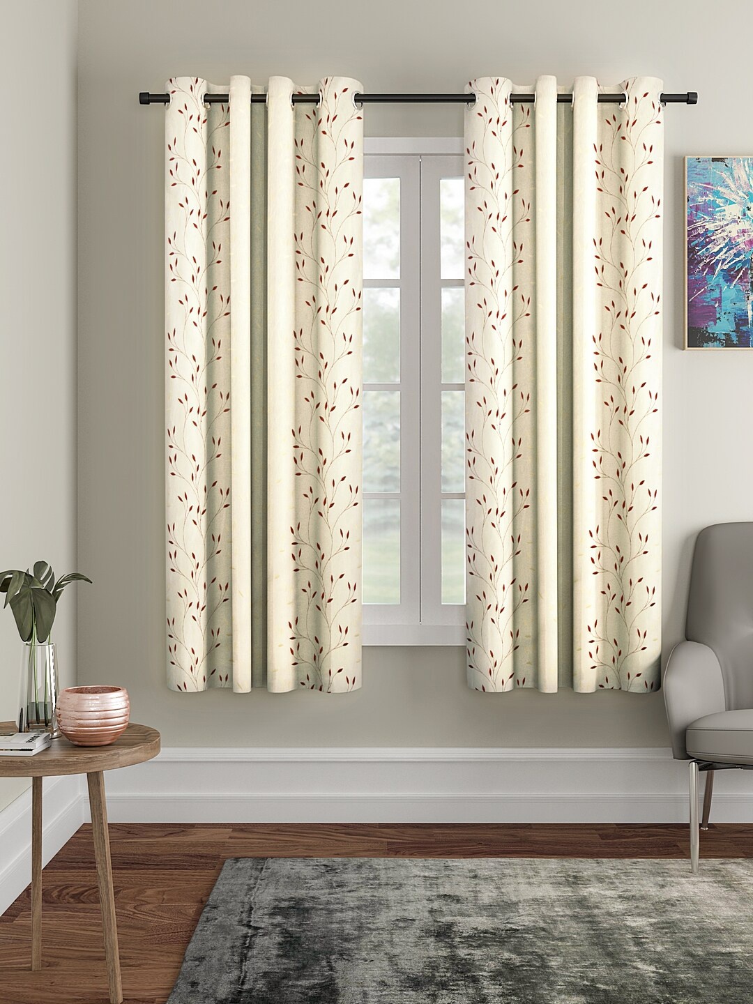 Cortina Beige & Maroon Set of 2 Floral Embroidered Window Curtains