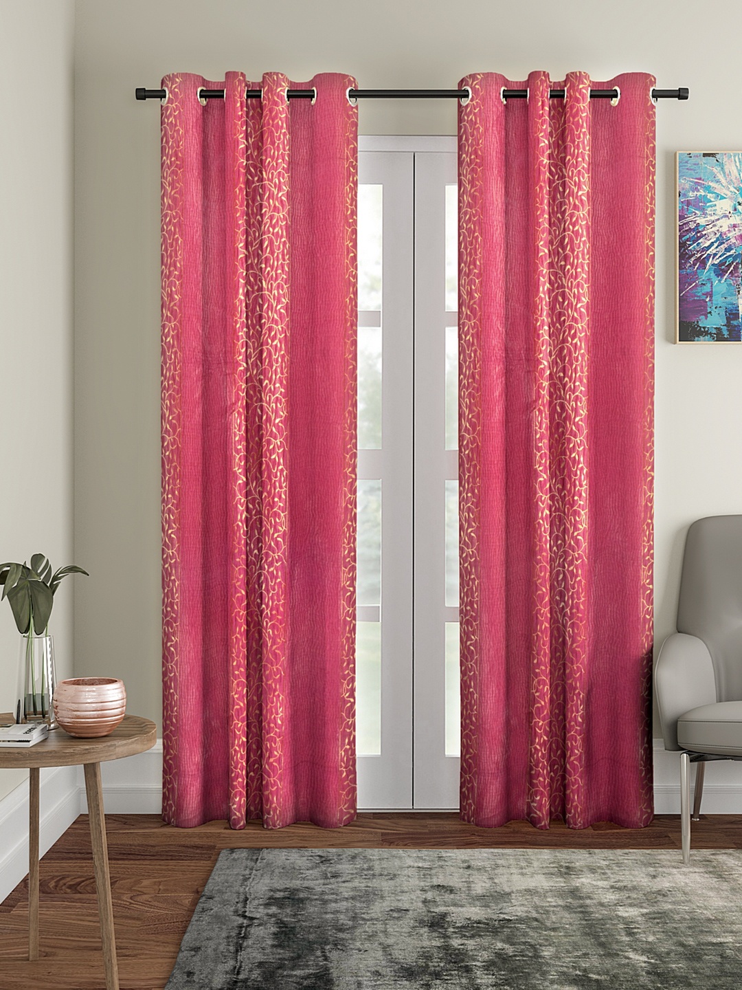 

Cortina Set Of 2 Pink & Beige Self-Design Door Curtains