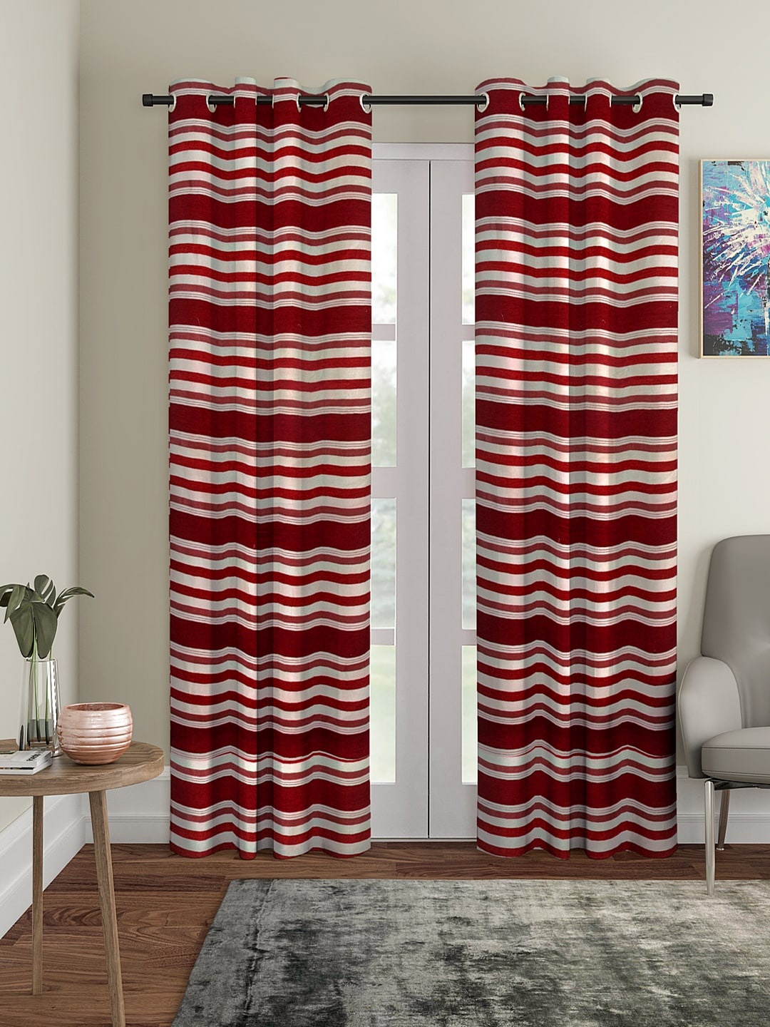 

Cortina Set Of 2 Maroon & White Striped Polyester Curtains