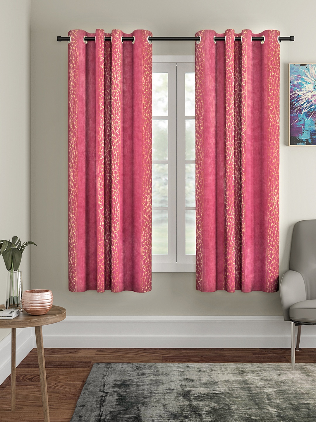 

Cortina Set Of 2 Pink & Gold-Toned Floral Print Window Curtains