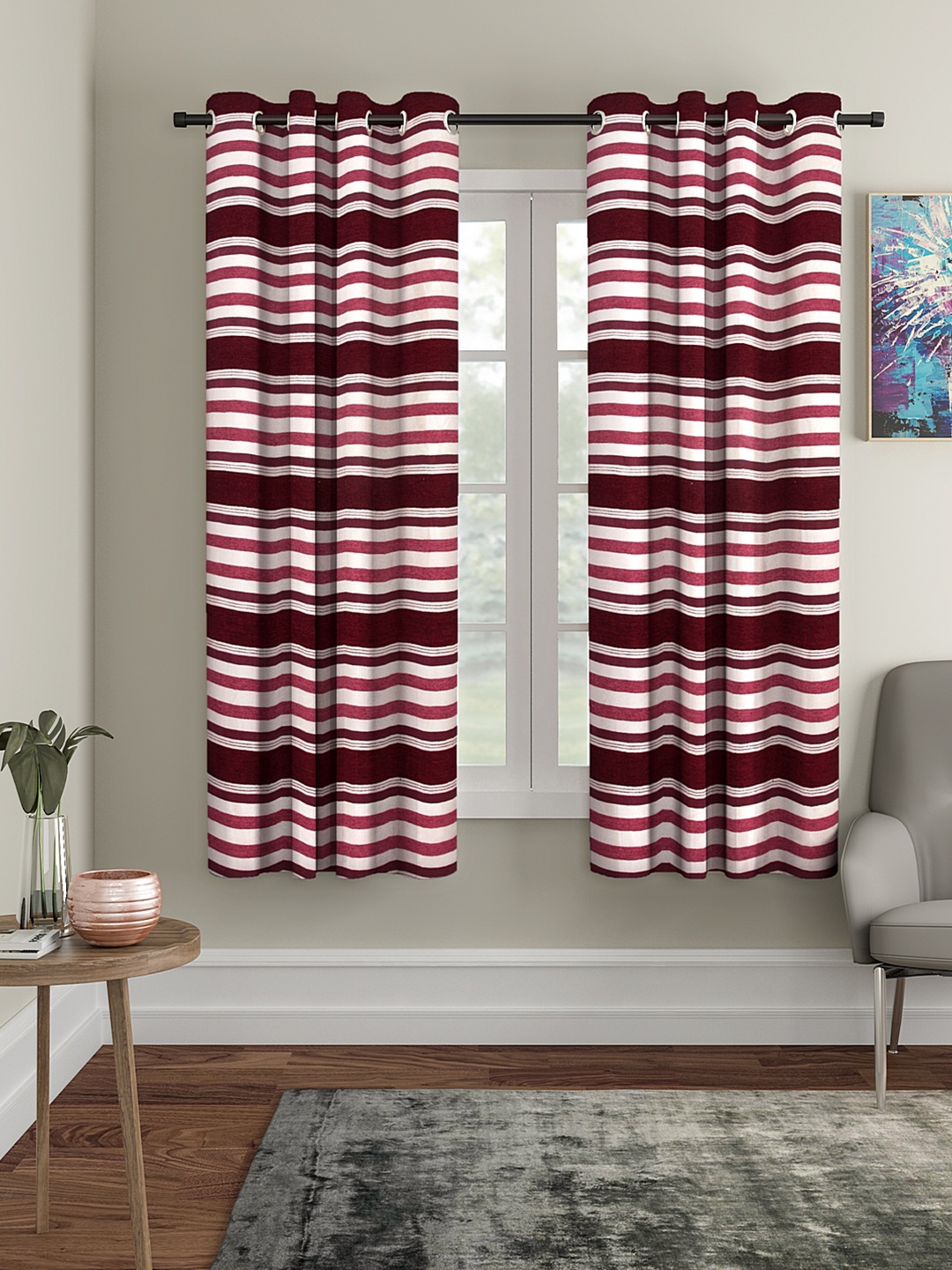 

Cortina Set Of 2 Burgundy & Grey Striped Window Curtains