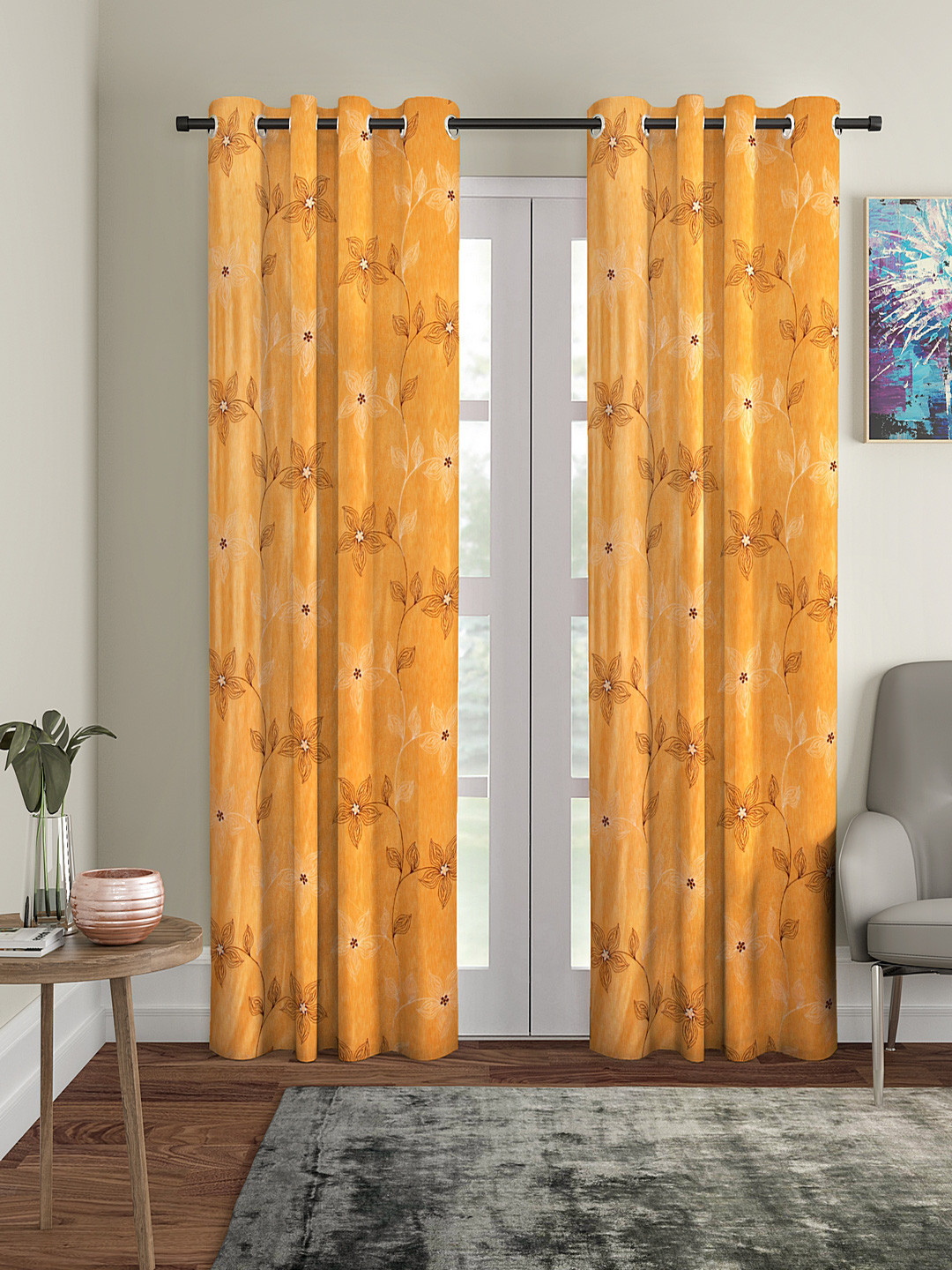 

Cortina Set Of 2 Yellow & Brown Floral Printed Polyester Curtains